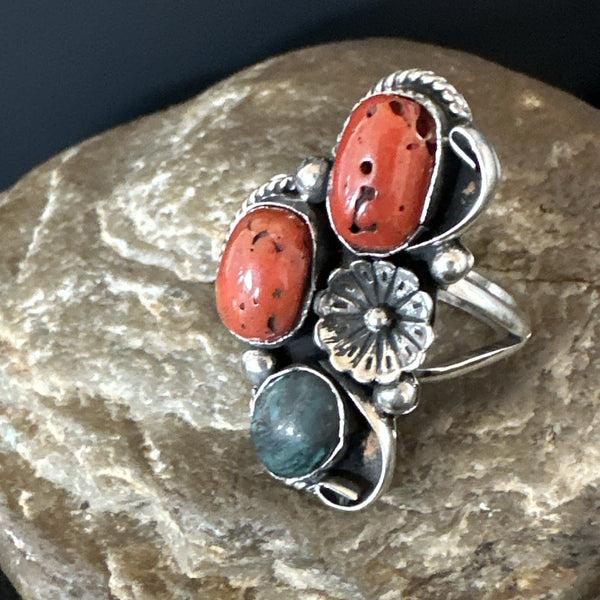 Multicolor Ring Turquoise Coral Spiny Navajo Cluster 10.5 | Sterling Silver | Authentic Native American Handmade | 19195