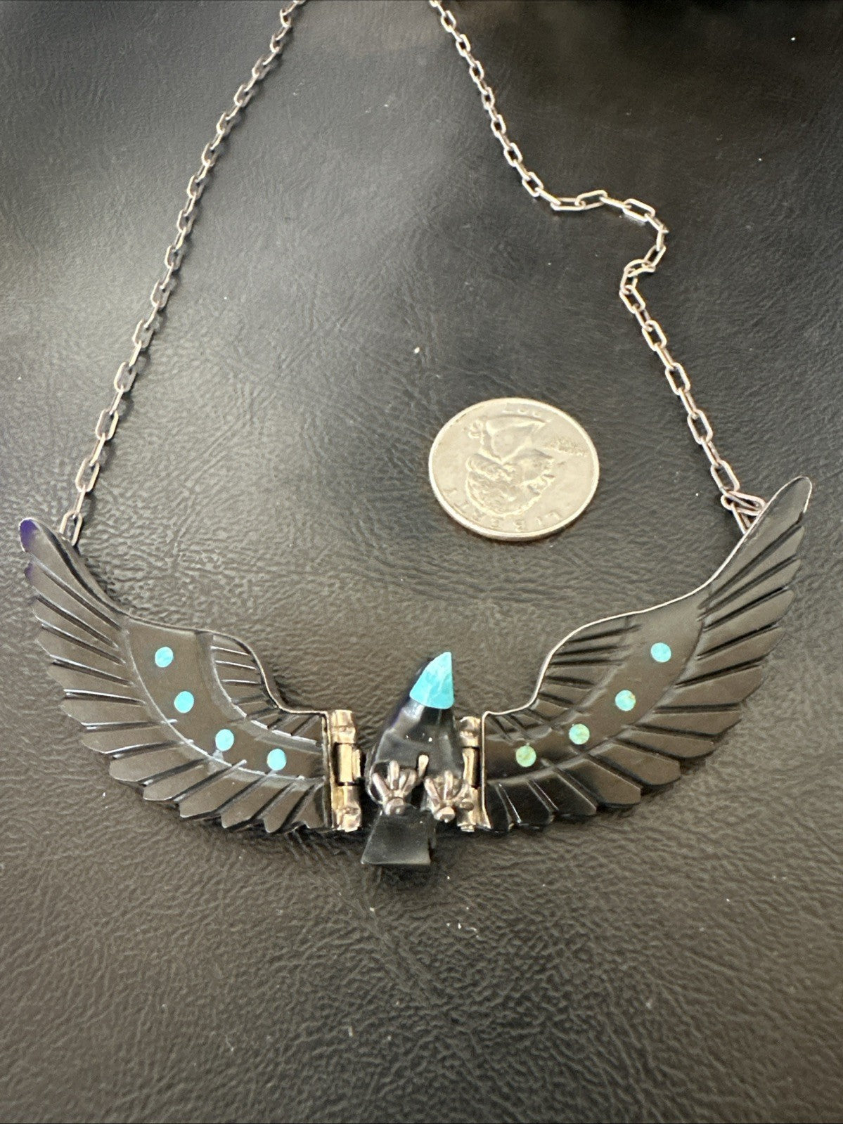Navajo Flying Eagle 4.5"  Black Jet Turquoise Necklace F Tom 20” 19420