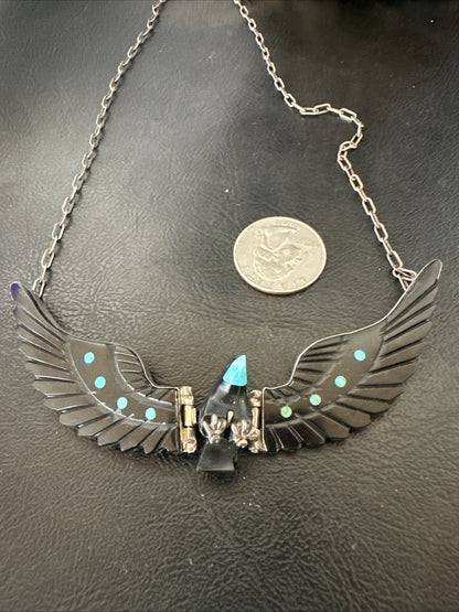 Navajo Flying Eagle 4.5"  Black Jet Turquoise Necklace F Tom 20” 19420