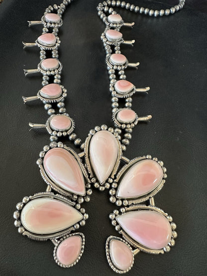 XXL Pink Queen Conch Navajo Squash Sterling Silver Naja Necklace Earrings 19462