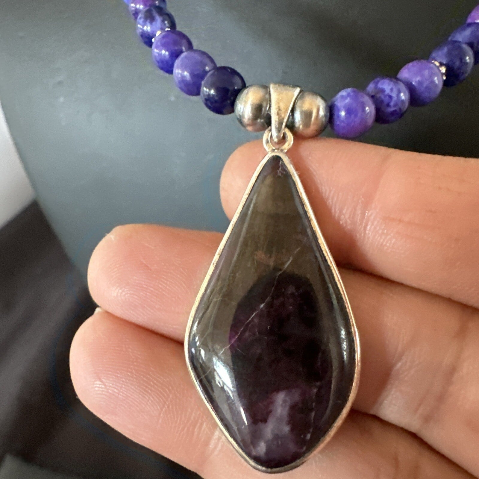 Purple Stone Pendant Navajo Pearls Sterling Silver Necklace 23" 17892