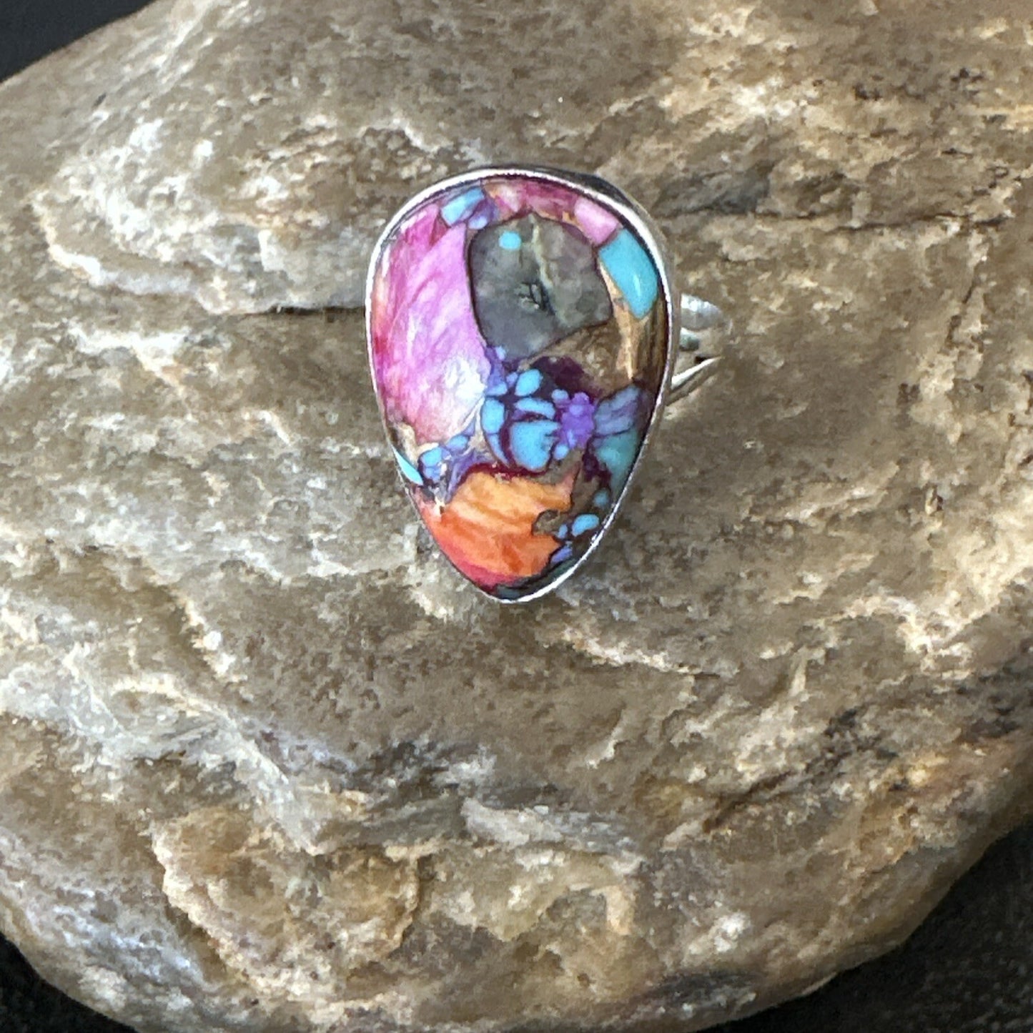 Blue Turquoise Spiny Oyster Southwestern Sterling Silver Ring Size 6 18471