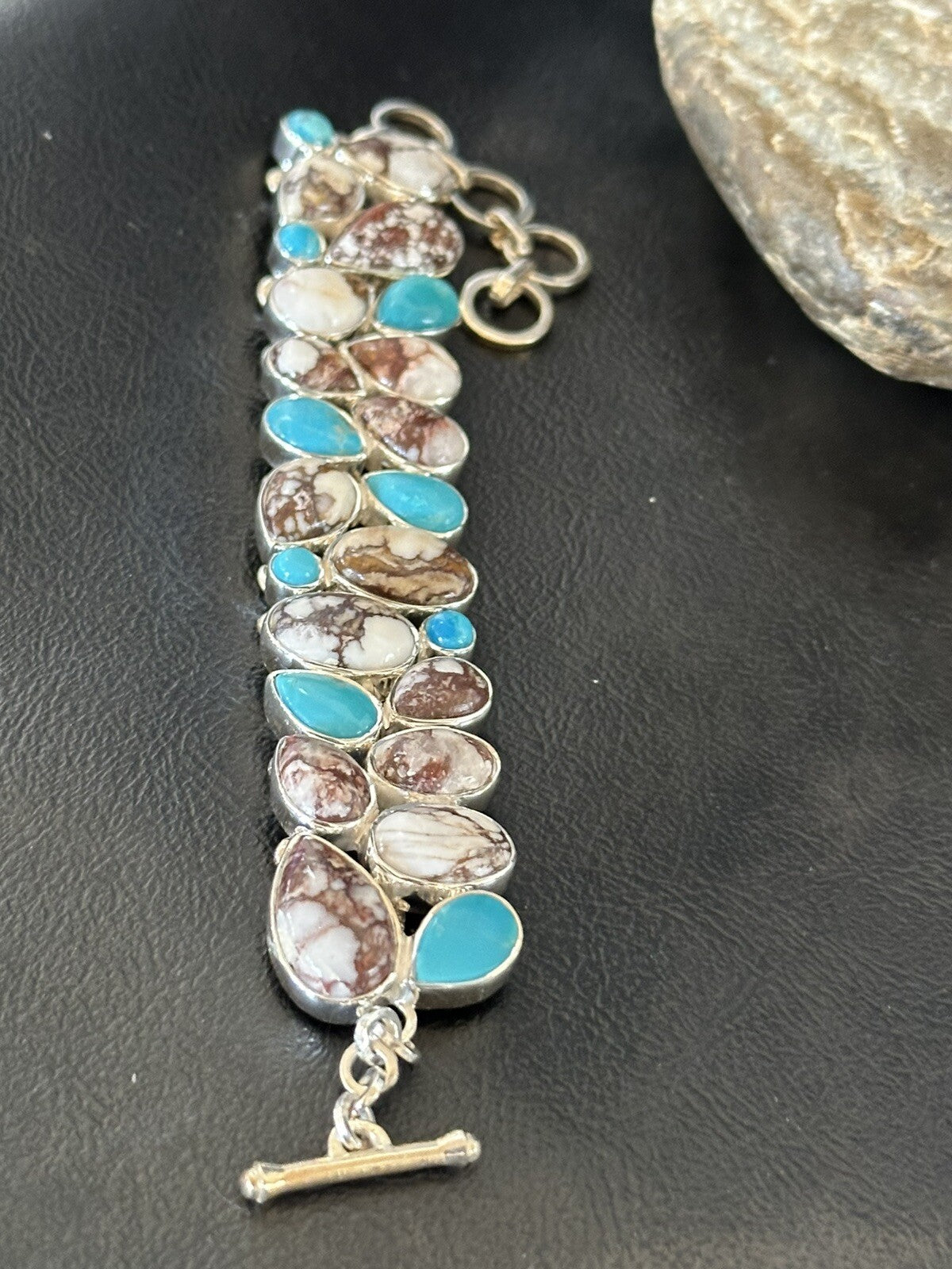 WoMen Blue Wild Horse Turquoise Sterling Silver Southwestern Link Bracelet 17973