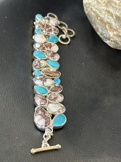 WoMen Blue Wild Horse Turquoise Sterling Silver Southwestern Link Bracelet 17973