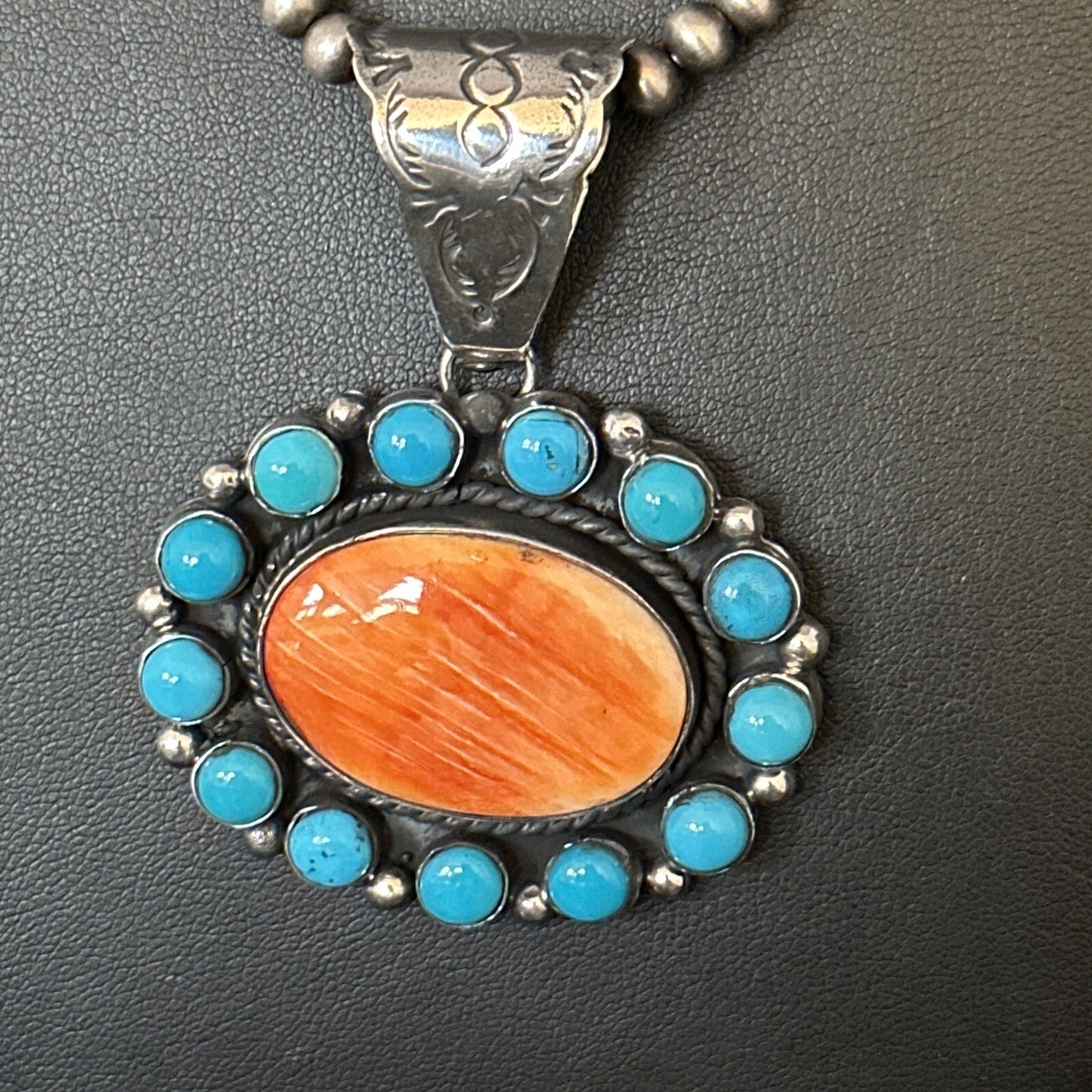 Blue Cluster Kingman Turquoise Sterling Orange Spiny Oyster Pendant 14353