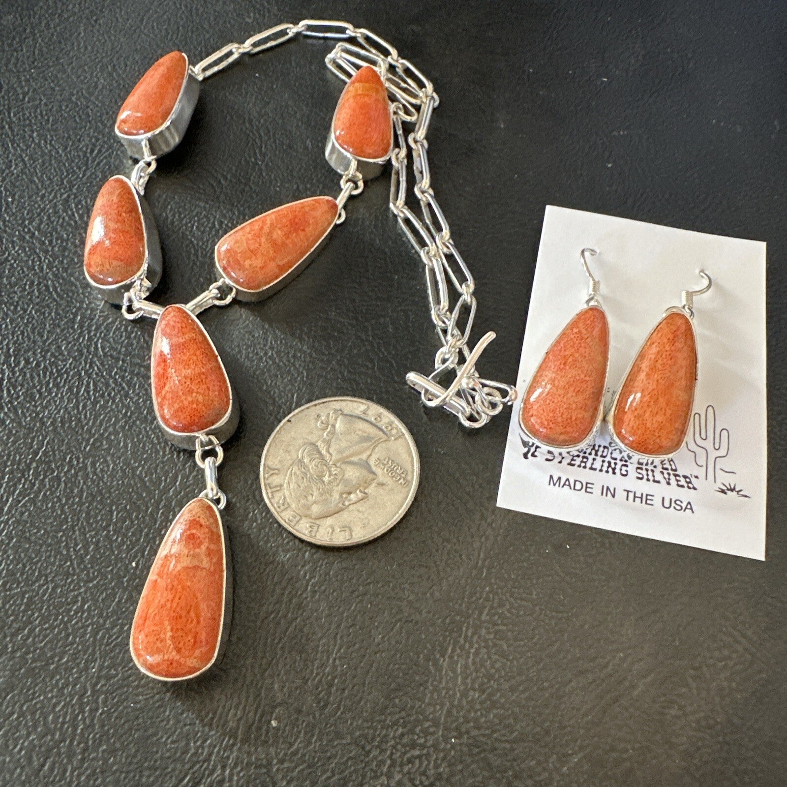 Apple Sponge Coral Lariat Necklace Pendant Earrings Sterling Silver 16” 18973