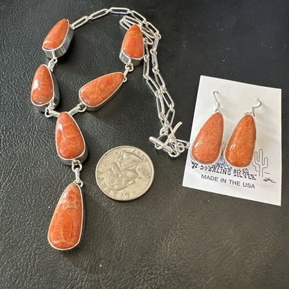 Apple Sponge Coral Lariat Necklace Pendant Earrings Sterling Silver 16” 18973