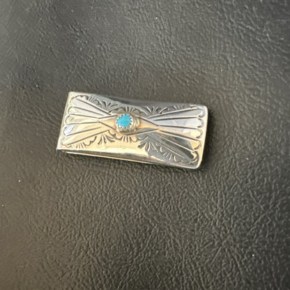 Mens Blue Turquoise Navajo Credit Card Holder Stamped Silver Money Clip 19734