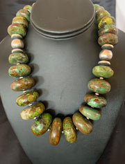 Green Natural Turquoise Chunky Graduated Navajo Necklace | Sterling Silver | Authentic Native American Handmade | 11765
