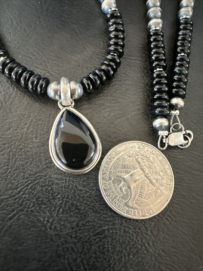 Mens Womens Black Onyx Pendant Navajo Sterling Silver Beads Necklace 18333