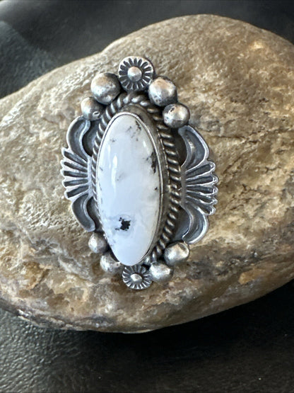 Womens White Buffalo Turquoise Navajo Sterling Silver Ring Size 7 18625