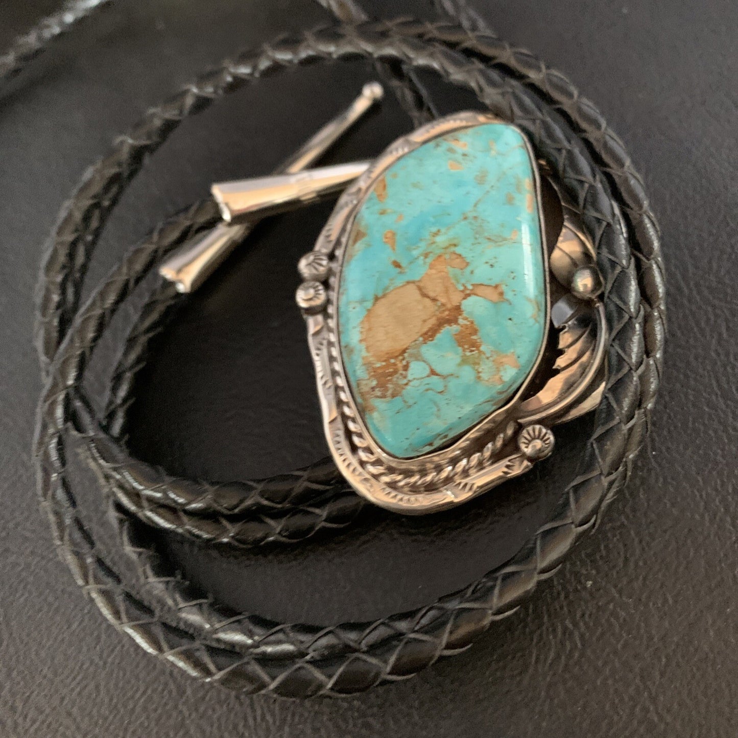 Native Mens Bolo Tie Blue Royston Turquoise Sterling Silver Navajo 14111N