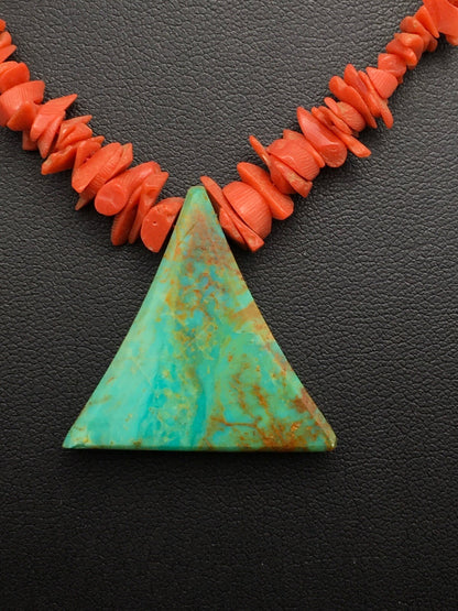 Native Kingman Turquoise Pendant Coral Brass Old Pawn Necklace 19" 04029