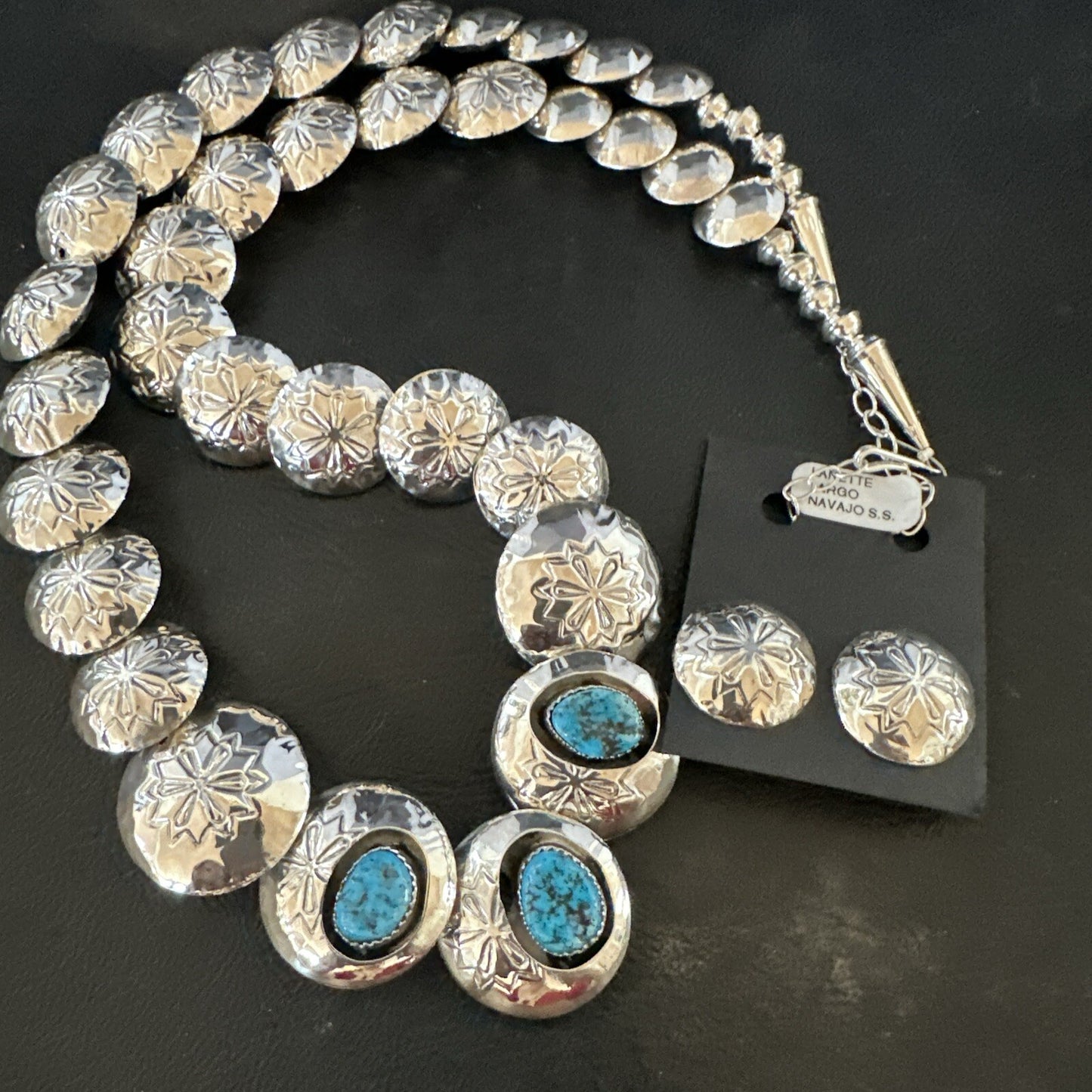 Kingman Turquoise Pillow Bead Navajo Sterling Silver Necklace Earrings 24" 17768