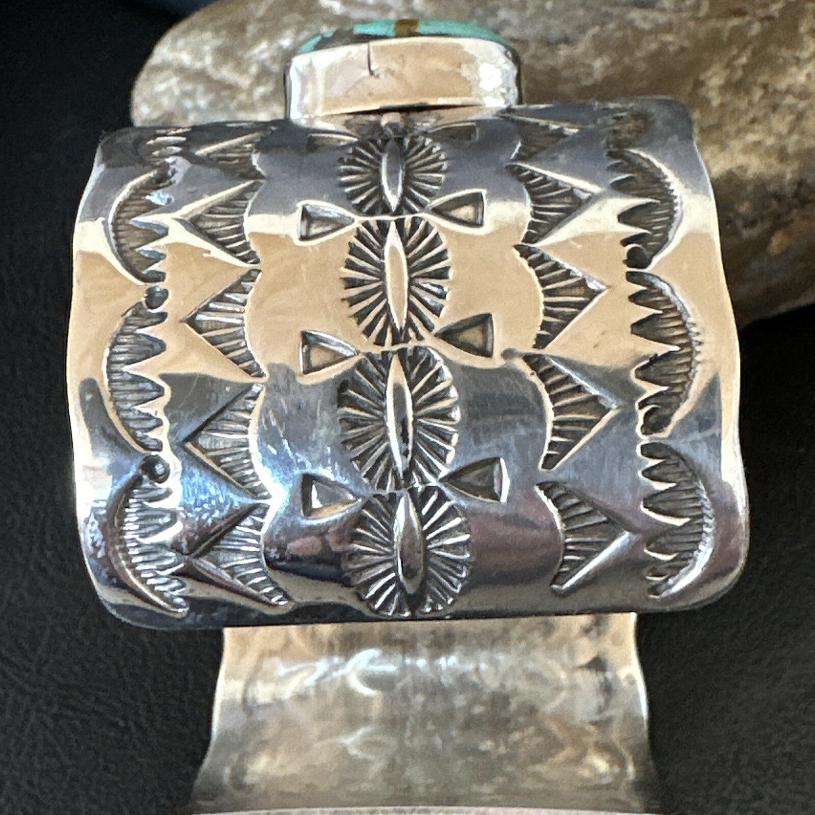 Navajo Green Royston TURQUOISE Stamped Sterling Silver Cuff Bracelet 17938