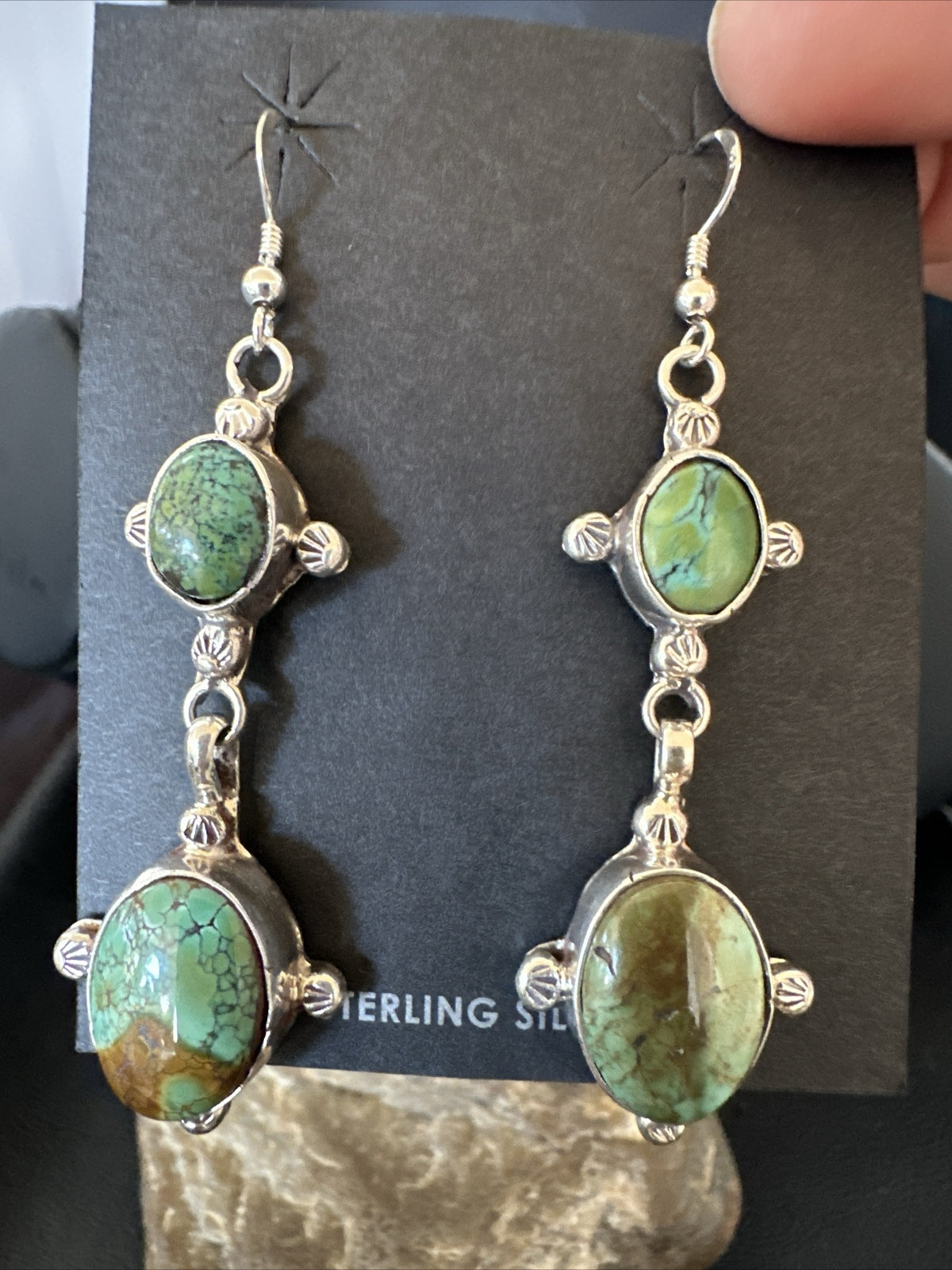 Native Navajo Green Turquoise Sterling Silver Dangle Earrings 2” 17695