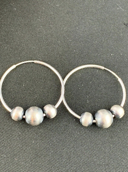 Native American Indian Sterling Silver Beads Hoop Earrings 03755