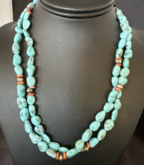 Spiny Oyster Nacosari Turquoise 2S Navajo Necklace 19" | Sterling Silver | Authentic Native American Handmade | 17785