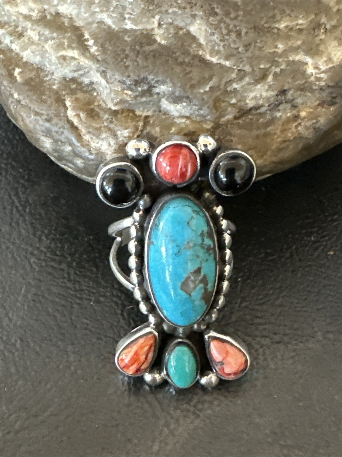 Cluster Blue Turquoise Spiny Oyster Onyx Sterling Silver Ring Size 9 18560