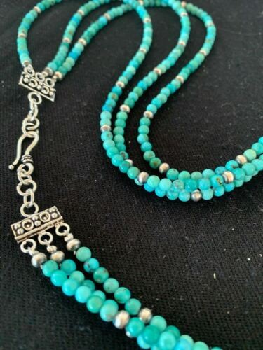 Navajo Blue Turquoise 4mm Bead 3 Strand Necklace Sterling Silver 4827