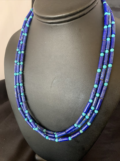 Lapis & Turquoise Tube Beads 3 Strands Navajo Sterling Silver Necklace 12701