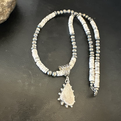 White Buffalo Turquoise Pendant Navajo Pearls Sterling Silver Necklace 22" 18258