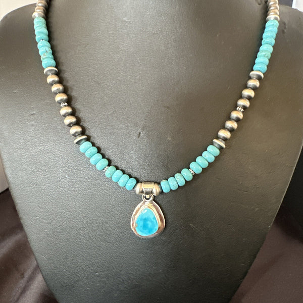 Women's Blue Kingman Turquoise Pendant Navajo Necklace 21" | Sterling Silver | Authentic Native American Handmade | 17965