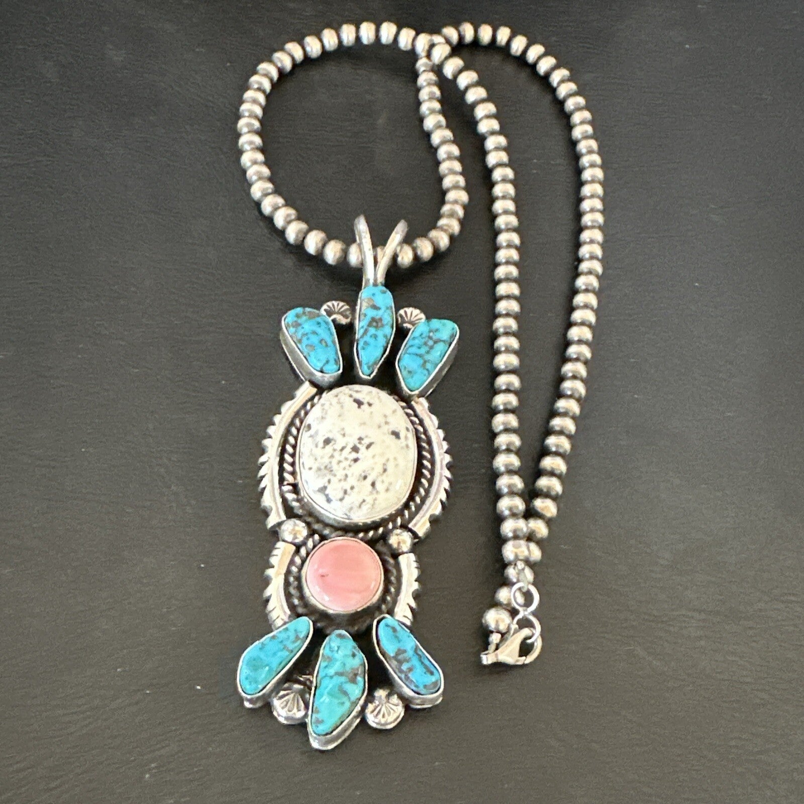 Blue Kingman Turquoise White Navajo Sterling Silver Cluster Pendant 4" 19325