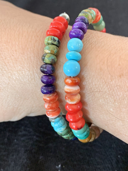 Turquoise Coral Tigers Eye Onyx Navajo Stainless Memory Wire Bracelet 00515