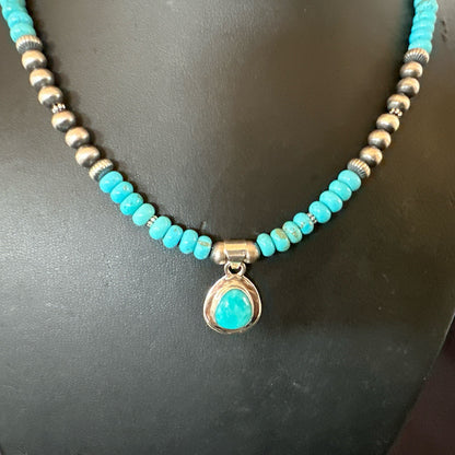 Mens Blue Kingman Turquoise Pendant Navajo Sterling Silver Necklace 21" 17904