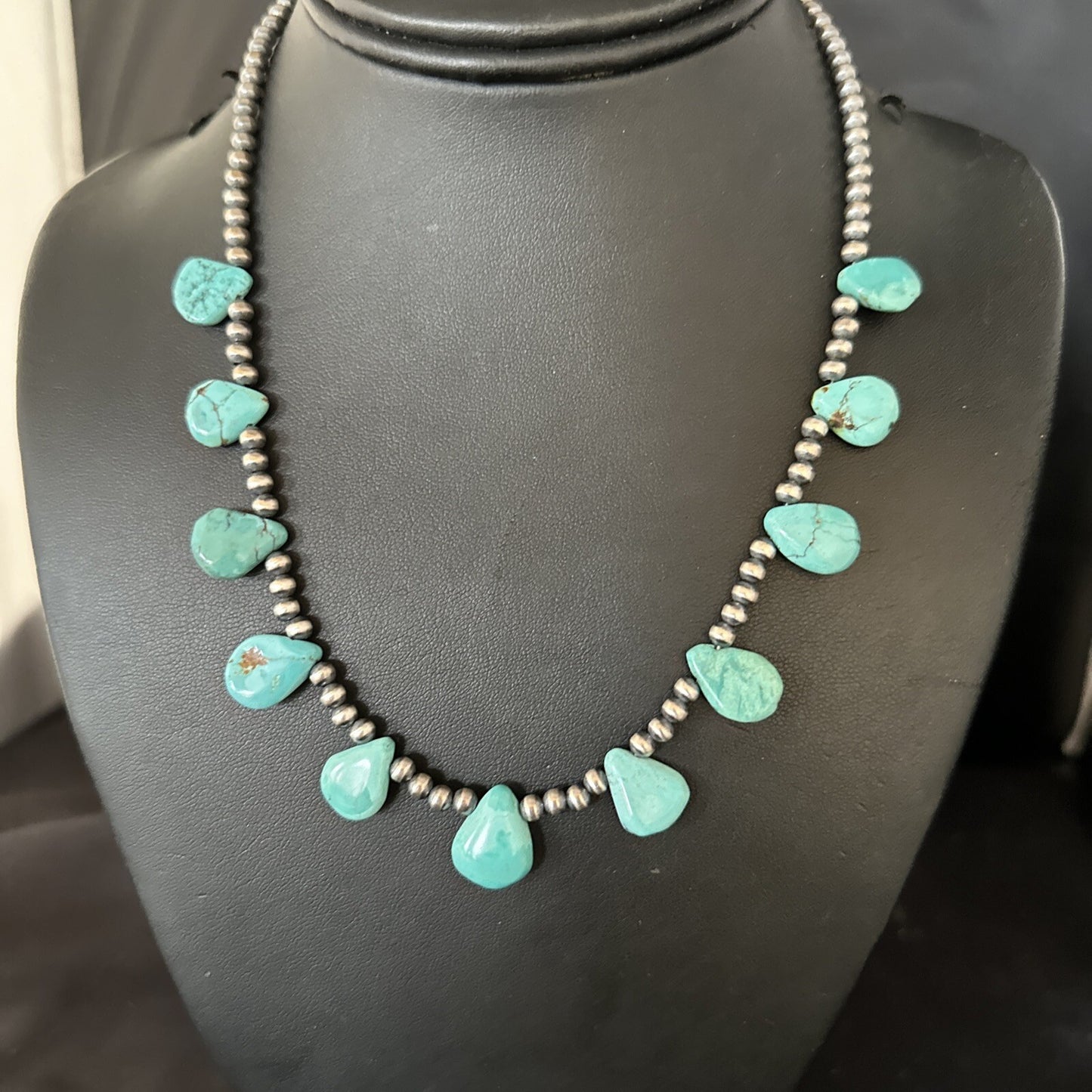 17in Teardrop Navajo Pearls Sterling Silver Blue Turquoise Necklace 14732