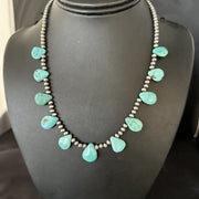 17"Teardrop Navajo Pearls Blue Turquoise Necklace | Sterling Silver | Authentic Native American Handmade | 14732
