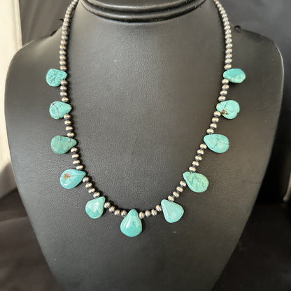 17in Teardrop Navajo Pearls Sterling Silver Blue Turquoise Necklace 14732