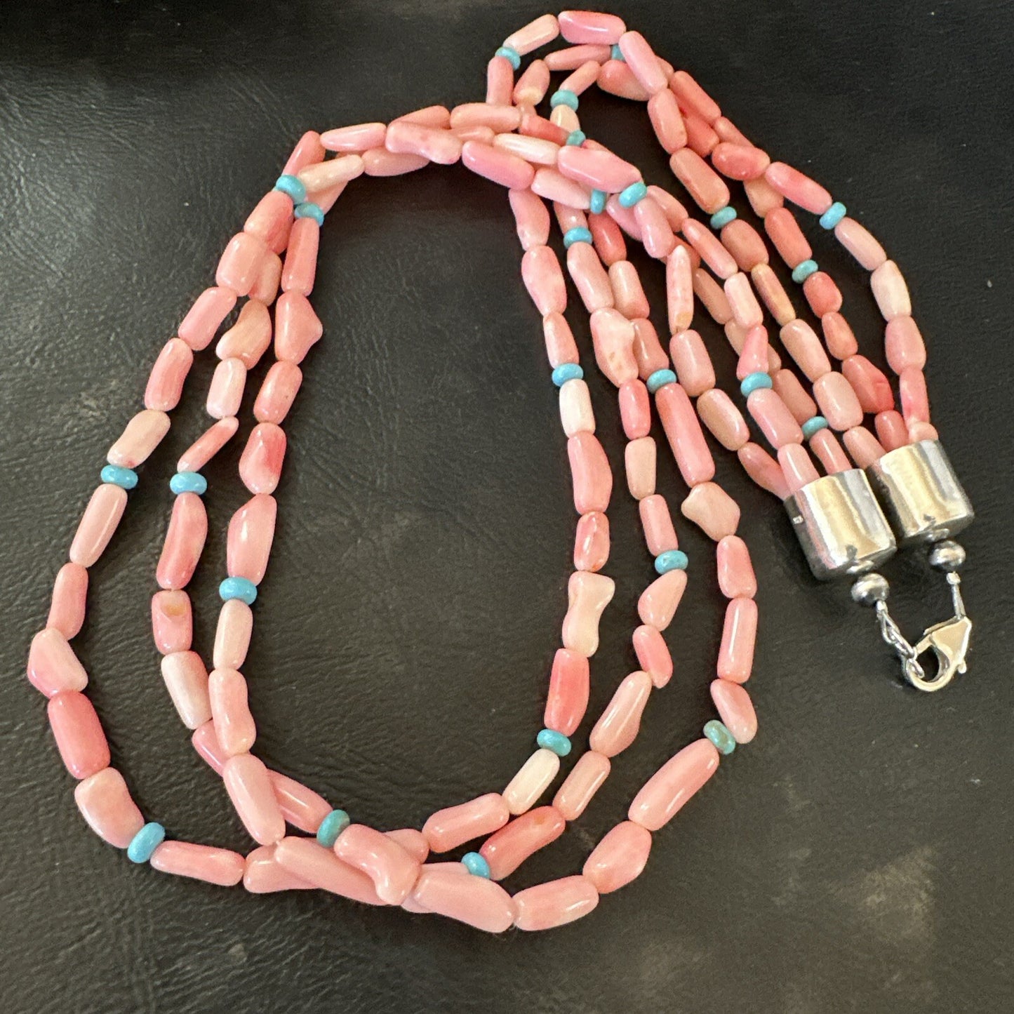 Native American Turquoise Pink Coral Sterling Silver 3 Strand Necklace 21" 17815