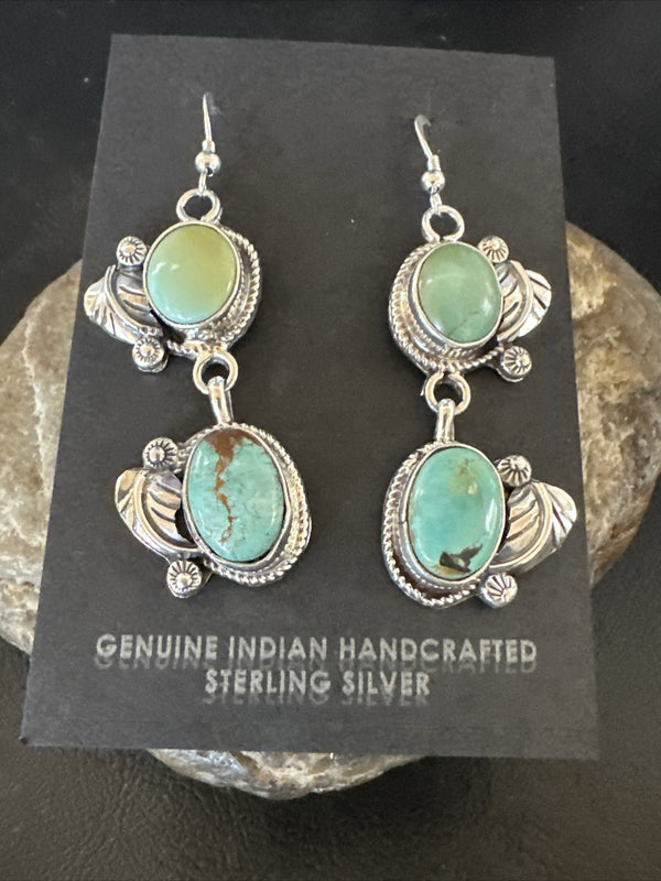 Navajo Green Turquoise Dangle Earrings 2" | Sterling Silver | Authentic Native American Handmade | 17911