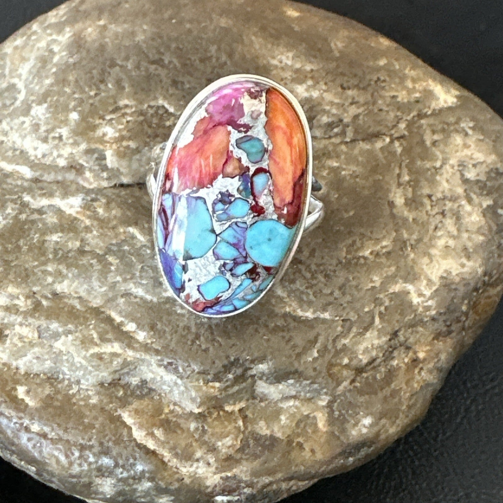 Blue Turquoise Spiny Oyster Southwestern Sterling Silver Ring Size 11 18449