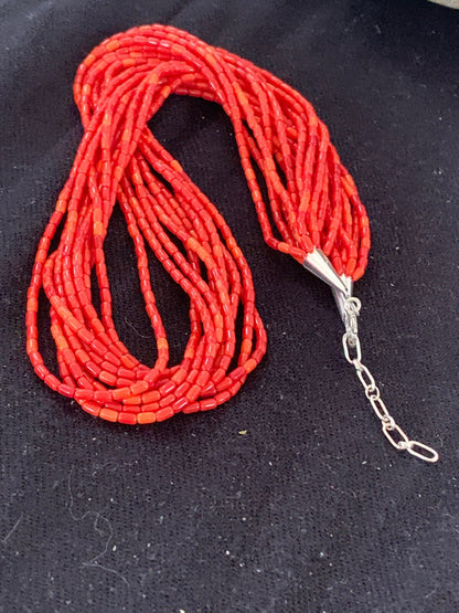 Apple Coral Tube Heishi Bead 10 Strand Navajo Sterling Silver Necklace 17” 4708