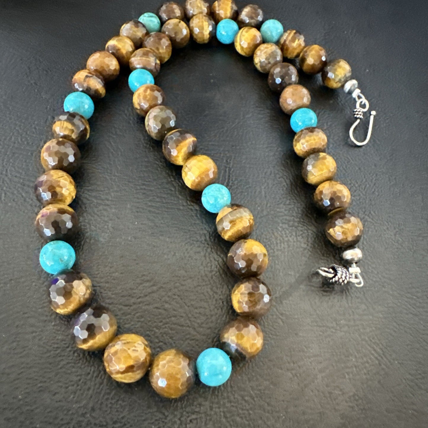 WoMens Tiger Eye Blue Turquoise  Sterling Silver Beads Necklace 19” 18169