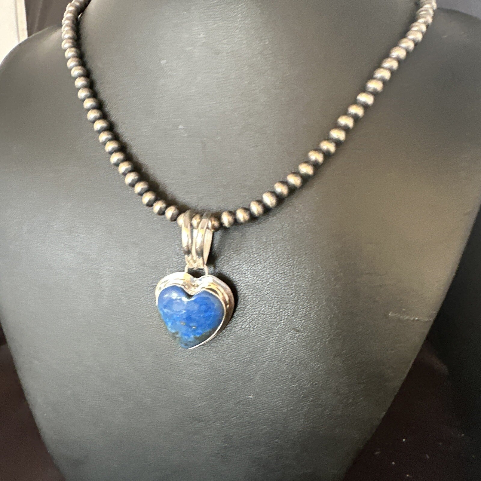 Blue Heart Lapis Pendant Navajo Sterling Silver Beads Necklace 15018