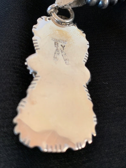 Kingman Turquoise & Coral Pendant Navajo Sterling Silver Necklace 02534