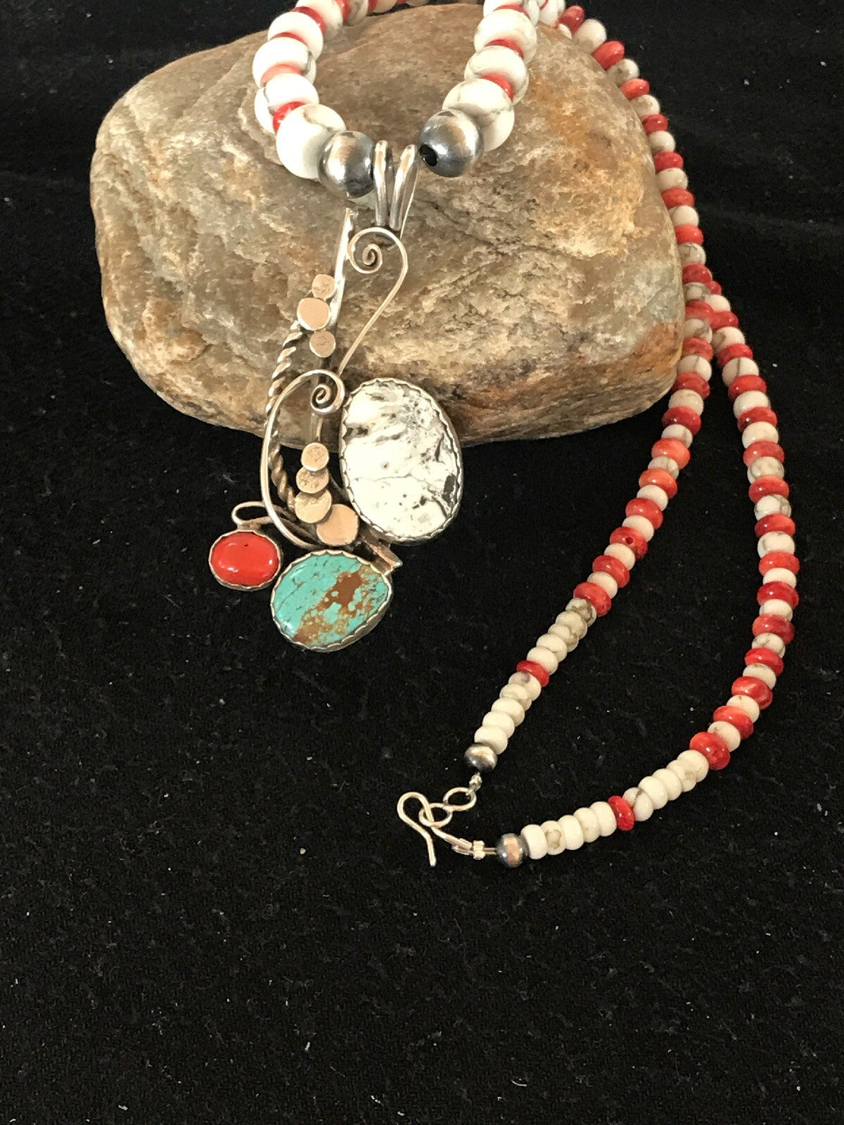 Blue Turquoise Spiny Oyster Pendant Pearls Sterling Beads Silver Necklace 8644