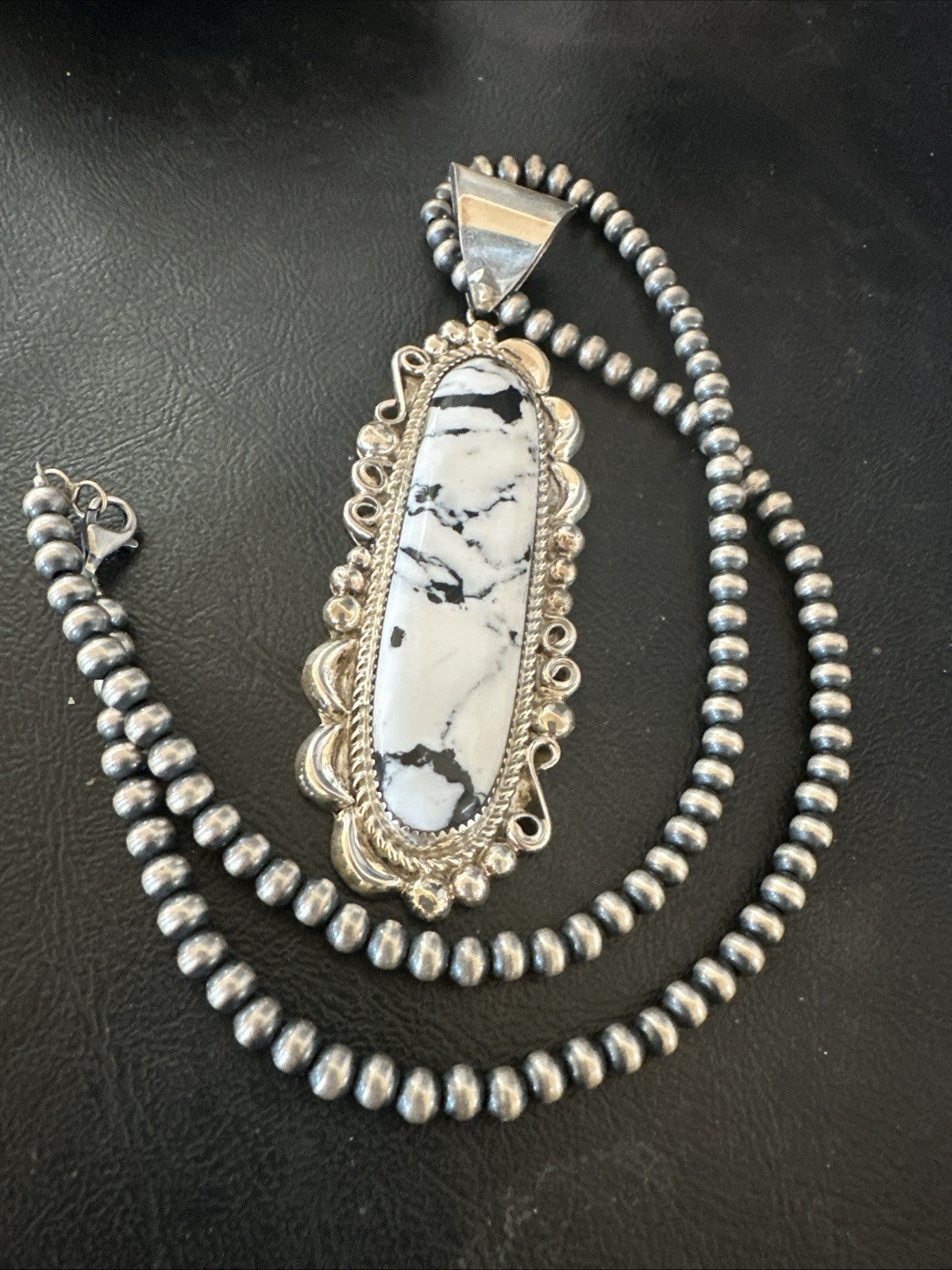 XXL White Buffalo Turquoise Pendant Navajo Sterling Silver Necklace 4" 19759