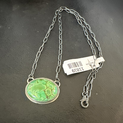 Navajo Sterling Silver Chain Green Turquoise Necklace Pendant 20" 11839