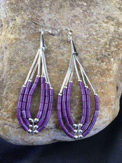Purple Stone 3 Strand Heishi Liquid Sterling Silver Dangle Earrings 01985