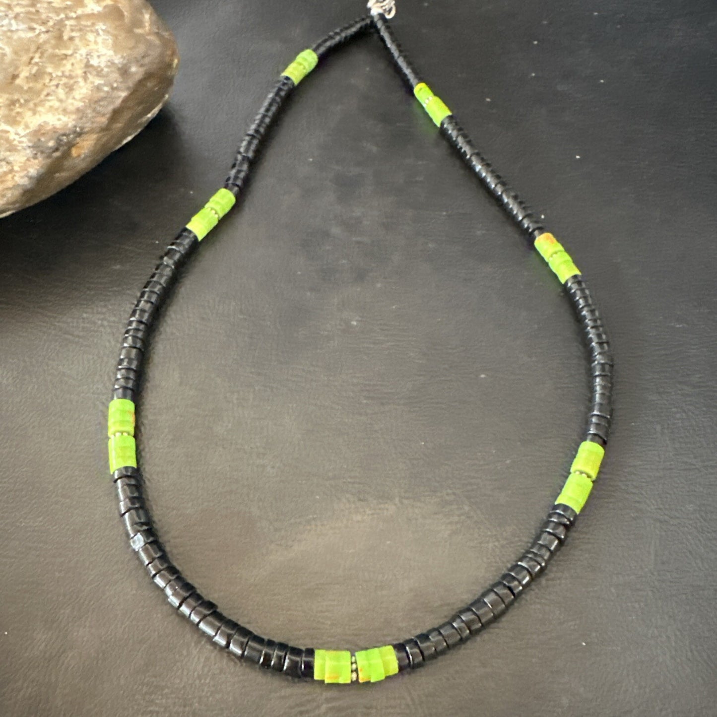 Mens Green Gaspeite Onyx Heishi Southwestern Sterling Silver Necklace 19” 18713