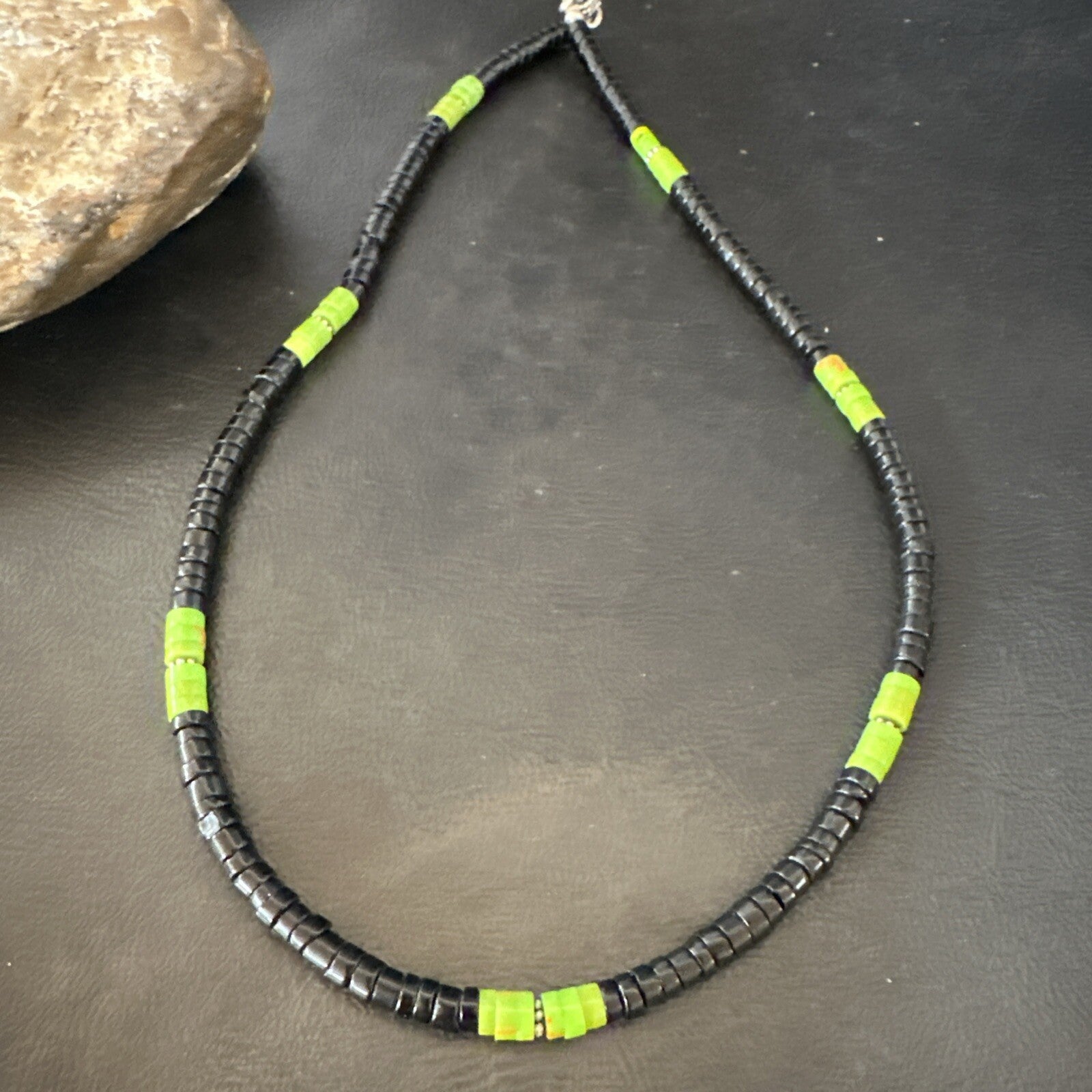 Mens Green Gaspeite Onyx Heishi Southwestern Sterling Silver Necklace 19” 18713