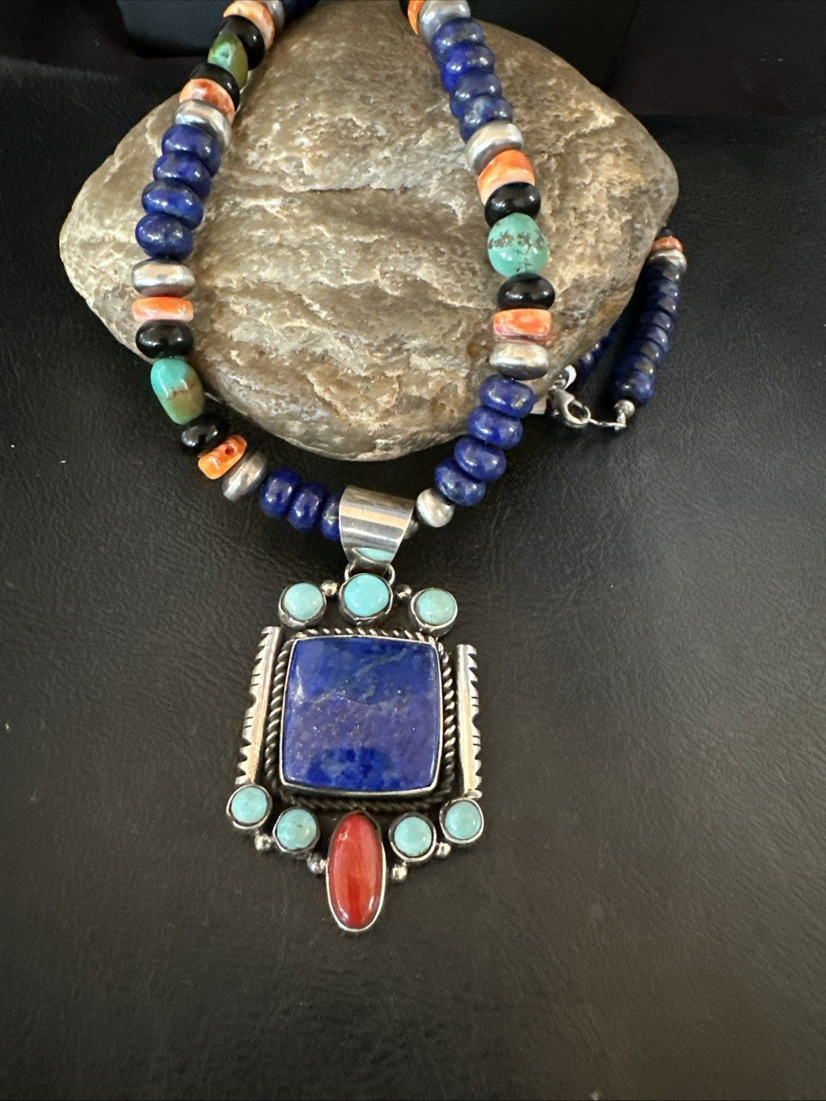 Multicolor Lapis Turquoise Pendant Navajo Sterling Silver Necklace 22” 19468