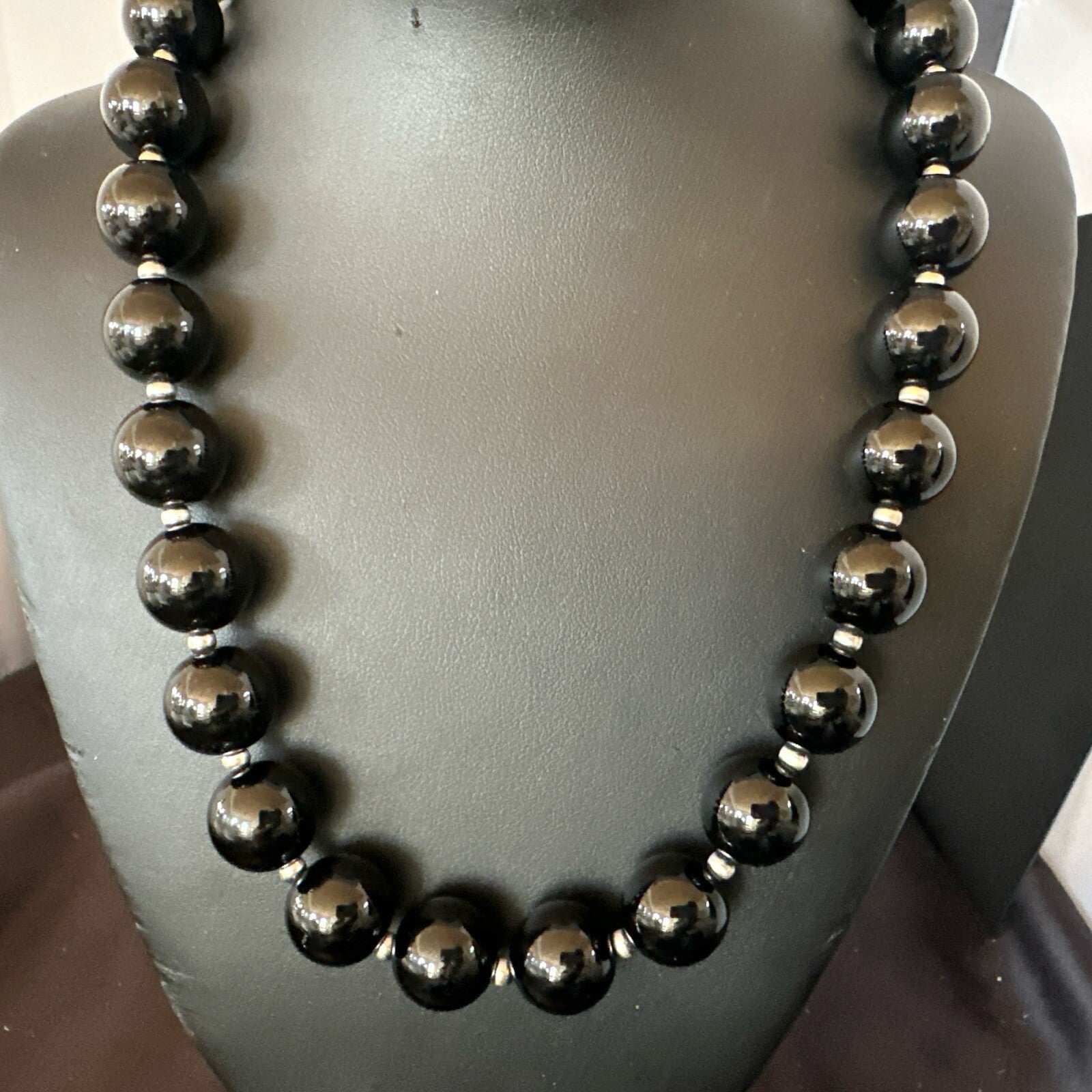 Black Onyx 16mm Large Bead Navajo Sterling Silver Necklace 20” 18787