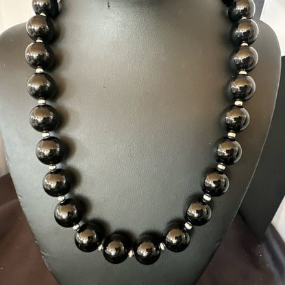 Black Onyx 16mm Large Bead Navajo Sterling Silver Necklace 20” 18787