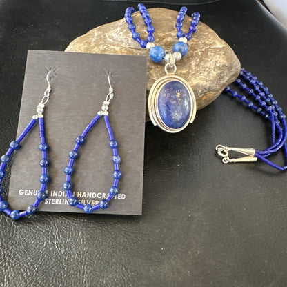 Sterling Silver Navajo Blue Lapis Mens Pendant Necklace Earrings 22” 15539